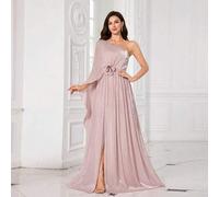 Shein Vestido maxi de noche para mujer con hombros inclinados, decoración de flores 3D en la cintura y abertura, vestido de dama de honor, de graduación y d