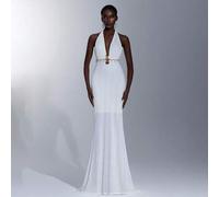 Shein Vestido maxi de sirena de unicolor con estilo elegante del sur de Francia, escote en V hombros descubiertos, decoración de botón de estrella de mar de