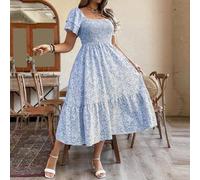 Shein Vestido maxi de talla grande con cintura ceñida y estampado floral menudo para vacaciones/tiempo libre