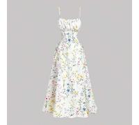 Shein Vestido maxi elástico y ajustado con estampado de pintura al óleo vintage de retrato en color marrón, con detalles de volantes, abertura alta, bajo de