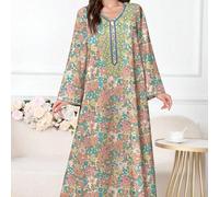 Shein Vestido maxi elegante de estilo árabe con cuello en V, manga larga y estampado floral y de plantas para mujer, primavera/otoño