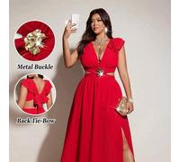 Shein Vestido maxi elegante de gasa para mujer de talla grande, escote en V profundo, hombros con volantes, lazo en la espalda, abertura en la cintura, aber