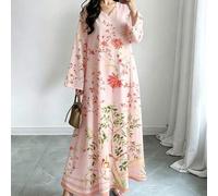 Shein Vestido maxi elegante de manga larga con cuello en V, estampado floral y bordado, estilo árabe, para mujer de talla grande, primavera/verano