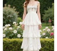 Shein Vestido maxi elegante de mujer con volantes multicapa y adornos de strass, romántico para bodas, fiestas y ocasiones formales