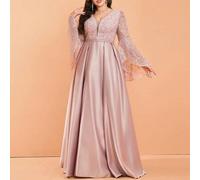 Shein Vestido Maxi Elegante de Talla Grande Rosa con Cuello en V, Bordado de Cuentas, Manga Acampanada, Satén y Corte A para Mujer, Invitada de Boda, Prom &