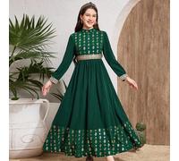 Shein Vestido Maxi elegante para adolescentes, verde oliva con patrón retro de hojas metálicas doradas, decorado con cinturón trenzado dorado