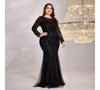 Shein Vestido maxi elegante y lujoso de talla grande con lentejuelas, cómodo y adecuado para diferentes tipos de Body, de cuello redondo, manga larga, ajust