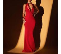 Shein Vestido maxi entallado de satén con cuello en V profundo, ideal para atuendos formales de Acción de Gracias, Año Nuevo, festivales de Acción de Gracia