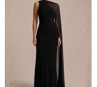 Shein Vestido Maxi Negro con Capa Transparente Desmontable - Vestido de Noche de Alta Elegancia con Escote Asimétrico Recortado para Alfombra Roja, Invitada