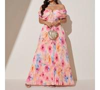 Shein Vestido maxi plisado con estampado floral acuarela de hombros descubiertos talla grande, elegante vestido largo romántico versátil de cuello en V