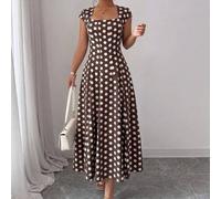 Shein Vestido maxi romántico con lunares, cuello cuadrado, cintura ceñida, mangas abullonadas, silueta en línea A, base de color marrón café con puntos alba