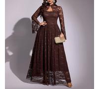 Shein Vestido Maxi Romántico de Encaje con Manga Larga, Cintura Fruncida, Falda A-Line Completa para Invierno