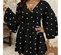 Shein Vestido midi casual con cuello en V negro y estampado de corazones blancos, mangas largas con volantes y bajo acampanado para mujeres de talla grande,