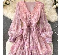 Shein Vestido midi con cintura ceñida, cuello en V, mangas abullonadas y estampado floral ditsy de estilo "Sweet First Love" de Roviva. Adecuado para citas,