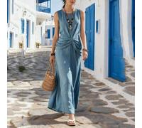 Shein Vestido midi de cintura retorcida sin mangas color azul niebla | Vestido midi elegante e intelectual para ir al trabajo | Vestido de longitud hasta el