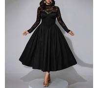 Shein Vestido midi de corsé con cuello alto, manga larga y encaje floral, bustier estructurado con ballenas, falda de gasa fluida con vuelo circular complet
