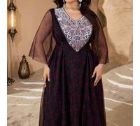 Shein Vestido midi de línea A con cuello en V de malla con estampado todo sobre, talla grande, túnica larga tradicional turca y árabe para mujer, primavera/