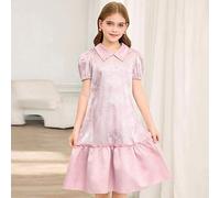 Shein Vestido midi de línea A con mangas de globo elegante y lujoso para niñas preadolescentes, de tela jacquard con textura lujosa y brillante, con empalme