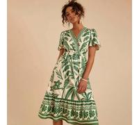 Shein Vestido midi de manga corta con cuello en V y estampado tejido para mujer, vestido corto sin mangas estampado, vestido para té, vestidos de verano par