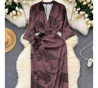 Shein Vestido midi de manga larga con estampado de leopardo, cuello en V elegante y lazo cruzado, versátil para ir al trabajo, vacaciones y todas las estaci