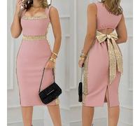 Shein Vestido midi de mujer con cuello cuadrado, sin mangas, espalda hueca, cintura con lentejuelas, lazo y abertura, sexy y elegante para cóctel, fiesta no