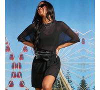 Shein Vestido midi de punto de malla elástica de manga corta y cuello redondo, talla grande, color negro, para salir de noche/para ir, vuelta al cole
