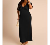 Shein Vestido midi de satén negro con ribete de encaje talla grande elegante y chic mangas cortas abullonadas vacaciones otoño graduación baile de graduació