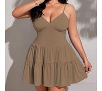 Shein Vestido midi de talla grande para mujer con volantes en el bajo, hombros descubiertos y tirantes, unicolor para verano