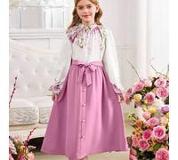 Shein Vestido midi elegante de manga farol con cintura ceñida, cuello alto tejido, estampado floral de parche, botones dorados y unicolor para niña preadole