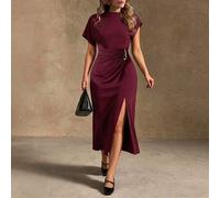 Shein Vestido midi elegante de talla grande para mujer, de verano, de una pieza, sin cuello, con hebilla metálica en forma de gota de agua, cintura ceñida,