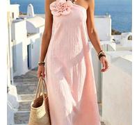 Shein Vestido midi elegante de un solo hombro con decoración de flor 3D en color amarillo crema para mujer, adecuado para viajes, vacaciones y citas