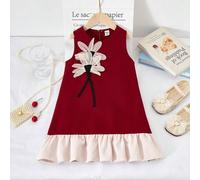 Shein Vestido midi elegante y dulce sin mangas con cuello redondo para niñas, Body burdeos con volante marfil, decoración de margarita 3D + acento de perla,