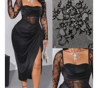 Shein Vestido midi negro de mujer talla grande con cuello en pico, manga larga, satén, encaje, parches, calado, volantes florales, elegante, vintage, casual