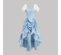 Shein Vestido midi plisado en azul y blanco con ajuste delgado, hombros abullonados, escote cuadrado y detalle frontal de ojal con lazo autoregulable para m