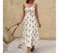 Shein Vestido midi sin mangas con estampado de palmeras para vacaciones de mujer, pieza de moda de verano adecuada para uso diario y vestidos de playa. Ropa