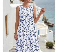 Shein Vestido midi sin mangas de estilo azul y blanco con dobladillo recto y estampado aleatorio. Vestido azul y blanco para mujer. Vestido floral azul y bl