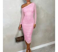 Shein Vestido midi tableado de malla elegante para mujer, de manga larga, para fiesta/cóctel, para primavera/verano