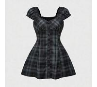 Shein Vestido mini a cuadros con mangas abultadas de encaje de contraste, cintura ceñida para mujeres de talla grande, estilo colegiala