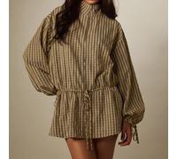 Shein Vestido mini a rayas con cremallera, cuello alto, cintura con cordón y mangas globo, corte holgado y oversized, otoño-invierno