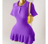 Shein Vestido mini acanalado de mujer con botones de perla tejidos, naranja, plisado, vestido de suéter sexy de Body con mangas cortas, minimalista