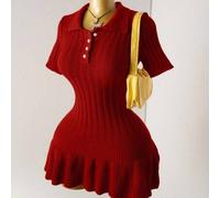 Shein Vestido mini acanalado naranja con botones de perla tejidos, vestido de suéter sexy de Body ceñido minimalista de manga corta