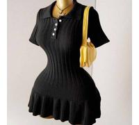 Shein Vestido mini acanalado naranja con botones de perla tejidos, vestido de suéter sexy de Body ceñido minimalista de manga corta