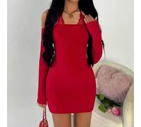 Shein Vestido mini ajustado ajustado para fiestas, Navidad y Año Nuevo, con tirantes de espagueti, escote bardot, espalda descubierta, cintura elástica y te