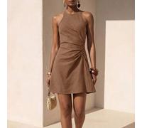 Shein Vestido mini ajustado sin mangas de cuello redondo con fruncido y bajo asimétrico, tonos marrones tropicales, primavera/verano 2026, estilo modesto ja
