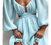 Shein Vestido mini blanco para mujer, nuevo estilo francés casual de vacaciones primavera/verano, de punto con tejido arrugado, bajo fruncido, 2 aberturas l
