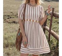 Shein Vestido mini BOHO casual estilo western country nómada para mujer, de verano, básico para uso diario, con rayas, patchwork, manga corta abullonada, pa