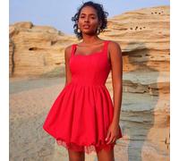 Shein Vestido mini con diseño de bajo con encaje y espalda descubierta para mujer, adecuado para fiestas y ocasiones especiales, corte slim que realza tu es