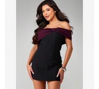 Shein Vestido mini con hombros descubiertos, detalle de lazo Bardot y silueta ajustada con detalle de torsión en el frente, perfecto para fiestas de cóctel