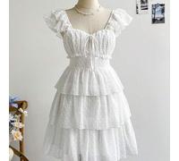 Shein Vestido mini con tirantes de espagueti, volantes, abertura con encaje y estampado floral rural romántico para vacaciones. Adecuado para volver al cole