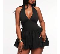 Shein Vestido mini de burbuja sin mangas con cuello en V negro para mujer talla grande, para citas de verano y noche de chicas, conjunto chic sexy coquette,